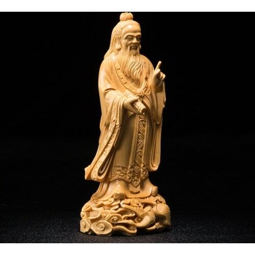 Boxwood 18CM Laozi Sculpture Taoism Saint Wood Statue Feng Shui Lao Tzu Historical Figure Home Decor