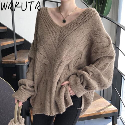 WAKUTA Sweaters Women Casual Vintage Loose Hollow Out V Neck White Black Khaki Knitted Pullovers Female Korean New Fashion 9G401