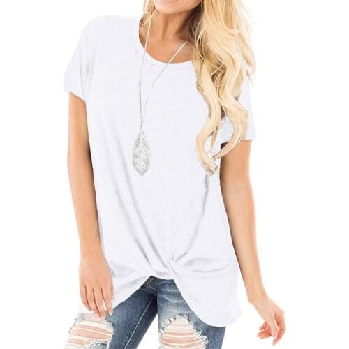 Twist Knot Short Sleeve Women T-shirt Soft Solid Color O Neck Tunic Blouse Streetwear Casual Round Neck Shirt Front Tunics Loose