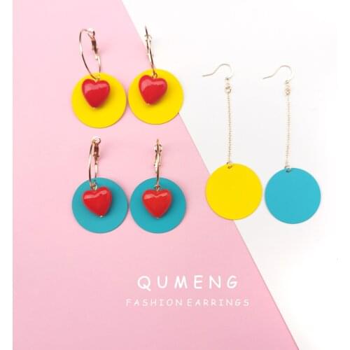QUMENG New Fashion Japan Korea Women Stud Earrings Red Love Heart Shape circle Hoop Earrings Girl Fashion Resin Jewelry Gifts