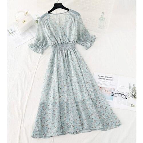 Women Print Floral Midi dress Short sleeve 2020 Summer Vintage V-neck Slim Ruffles Chiffon Dress Elastic waist Casual vestidos