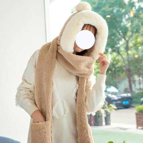 Winter Warmer Women Plush Scarf Hat Glove Sets Female Neckerchief Soft Fluffy Neck Scarves Girls Pocket Long Hooded Scarf Red