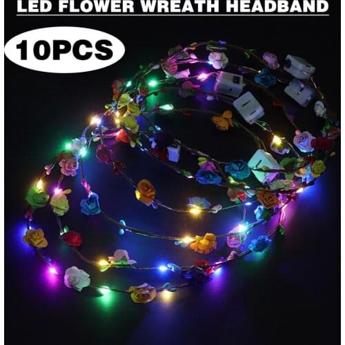 10 Pcs LED Light Up Flower Wreath Garland Headbands Party Headdress Headpieces Decoration Random Color For Women Girls