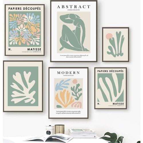 Abstract Matisse Collection Green Botanica Leaves Line Poster Canvas Paintings Wall Art Print Picture for Living Room Home Decor