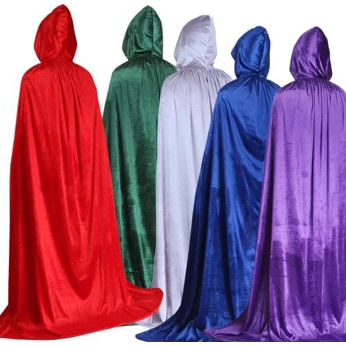 Adult Halloween Velvet Hooded Cape Cloak Halloween Hooded Medieval Costume WitchCostume Fancy Dress Black Red Dark Green Purple