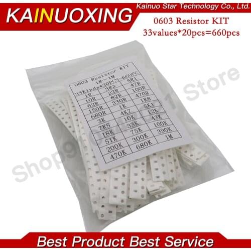 Free shipping 0603 SMD Resistor Kit Assorted Kit 1ohm-1M ohm 1% 33valuesX 20pcs=660pcs Sample Kit