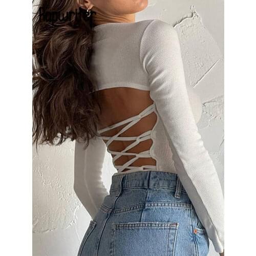 Rapwriter Solid Casual Bodysuit Cross Bandage Playsuit 90S Women Bodies Top y2k Autumn Backless Bodycon Top Harajuku Beachwear