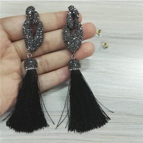 Bohemia Black Crystal Rhinestone Pave Setting Charms Connector Black Silk Fabric Tassel Long Drop Dangle Earring For Women
