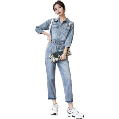 Spring Women High Waist Straight Cargo Jeans Safari Style Print Long Sleeve Jumpsuits New Fashion Single Breasted Casual Rompers