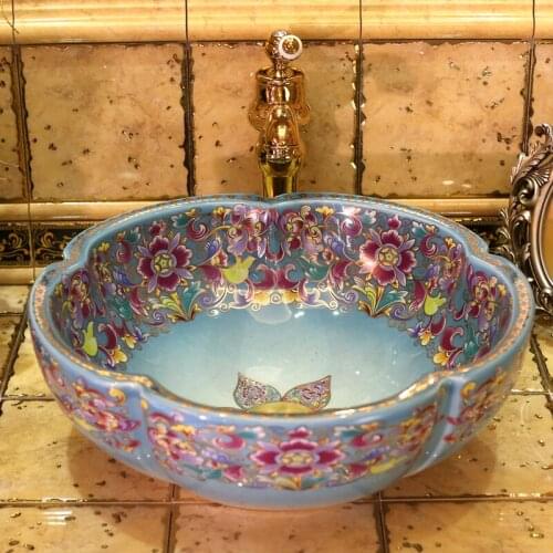 China flower shape Art Ceramic wash basin Lavabo Bathroom Sink counter top ceramic cabinet basin