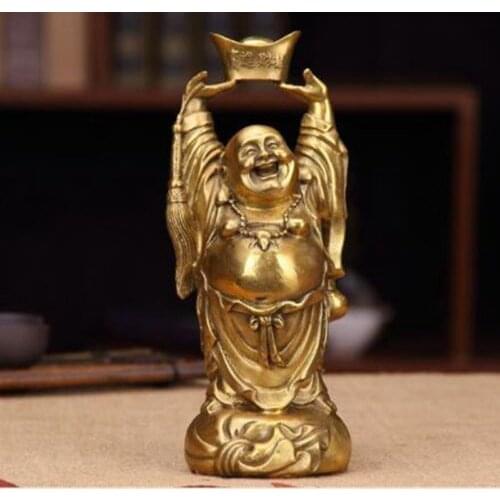 Chinese bronze collection handmade hand holding ingot station Maitreya Buddha