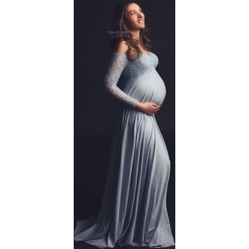 Slash Neck Lace Joint Jersey Baby Shower Dress Maternity Photo Shooting Maxi Gown Pregnancy Photography Cotton Dress Stetchy