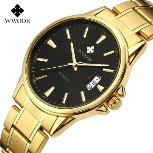 WWOOR Mens Watches Golden Stainless Steel Waterproof Quartz Wristwatch For Male Clocks Sports Date Watch New mannen horloge ##a