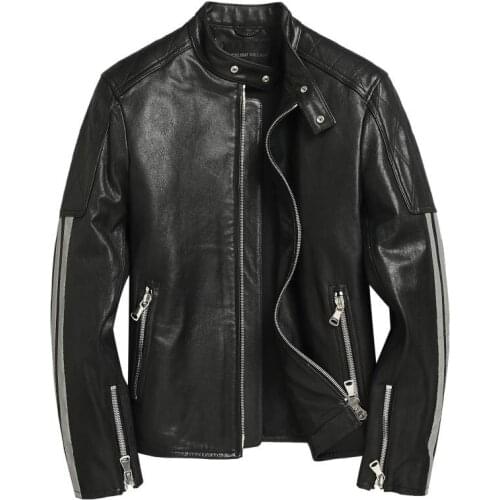 Mens Genuine Natural Sheepskin Black Motorcycle Suit Leather Jacket Casual Slim Mens Youth Sheepskin Jacket Autumn Large Size