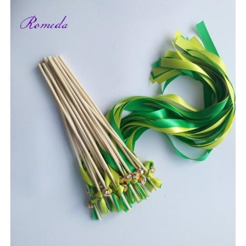New arrived 50pcs/lot green and yellow stain wedding ribbon wands stick Sparklers with colorful bell for wedding decoration