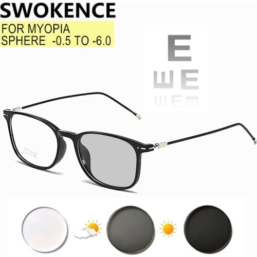 SWOKENCE Photochromic Myopia Glasses Prescription -0.5 TO -10 Women Men Square TR90 Frame Nearsighted Distance Spectacles F501