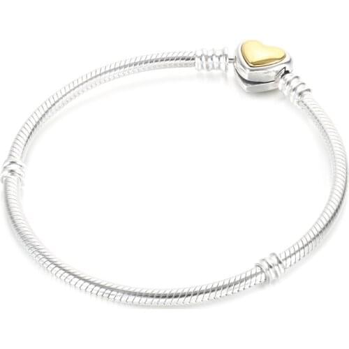Authentic S925 Silver Bead Charm Dangle Bracelet for Women Domed Golden Heart Clasp Snake Chain Bracelet Girl Lady Gift