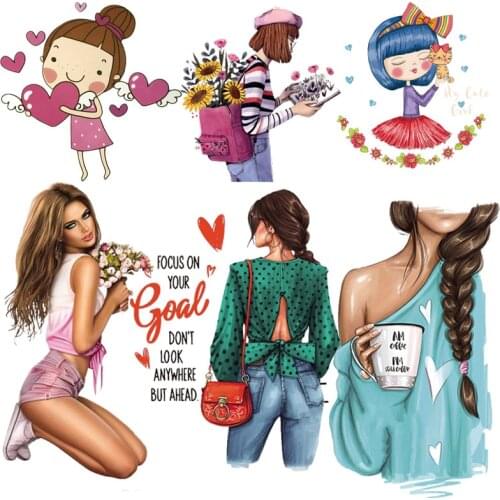 Pulaqi Fashion Girl Iron On Transfers Patches for Clothing Heat Transfer Vinyl for Kids T-Shirt Cartoon Patch DIY Applique