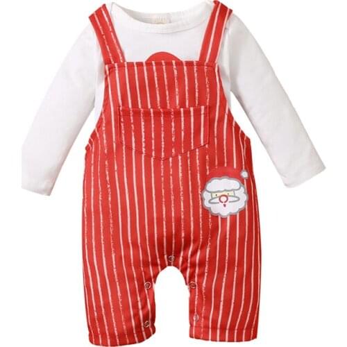 Pudcoco 0-12M 2Pcs Christmas Festival Costumes Letter Print Bodysuit+Striped Cartoon Santa Claus Suspender Overall Romper Sets