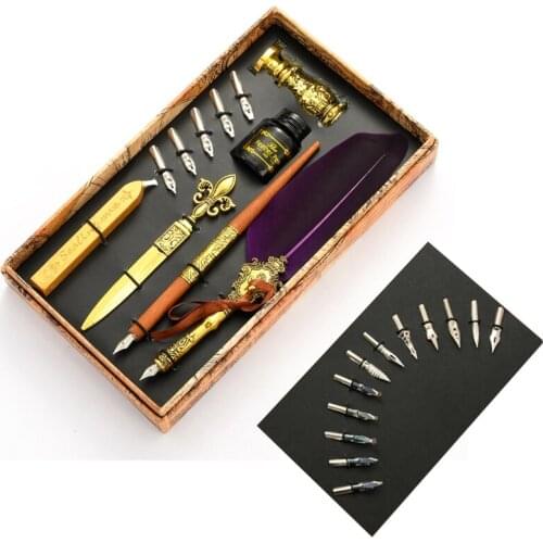 Vintage Quill Feather Dip Pen Fountain Writing Ink 5 Nibs Seal Wax Gift Box Calligraphy Stationery School Supplies
