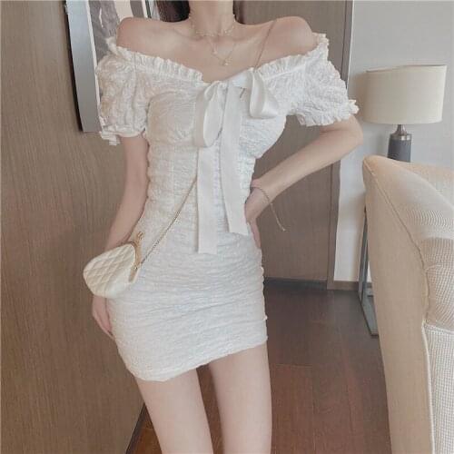 Temperament Children Clothes One-shoulder Puff Sleeve Slim Ruffle Teengaer Dress Party New Fashion Sexy Slim Puff Sleeve Dress