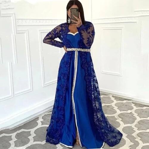 Royal Blue Moroccan Kaftan Caftan Muslim Evening Dresses A-line Chiffon Appliques Dubai Arabic Turkey Abaya Islamic Evening Gown