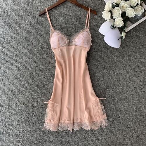 Printed Satin New Women Nightgown Sexy Sleepwear Sleeveless Pyjamas with Chest Pad Girl Short Nightdress