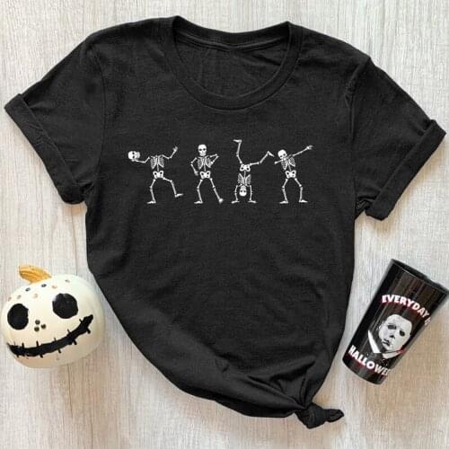Dancing Skeletons T-shirt Women Skull Goth Tee Shirt Top Spooky Autumn Short Sleeve Halloween Party Tshirt Aesthetic