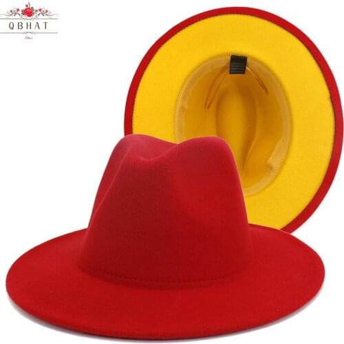 QBHAT Red Yellow Patchwork Wool Felt Panama Fedora Wide Brim Hat Flat Brim Top Jazz Cap for Ladies Women Men Casual Church Hat