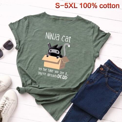 Women T-shirts Graphic Tees Female Shirts Summer Cotton Tops Ninja Cat Printed Funny T Shirts Tee Streetwear
