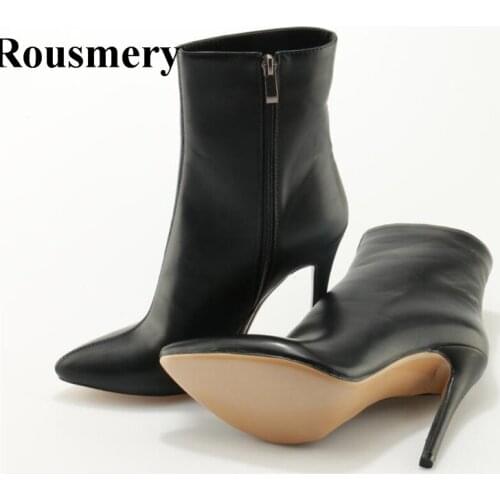Women Winter Black PU Leather Pointed Toe Ankle Boots High Quality Sexy Super High Heel Short Boots Dress Shoes