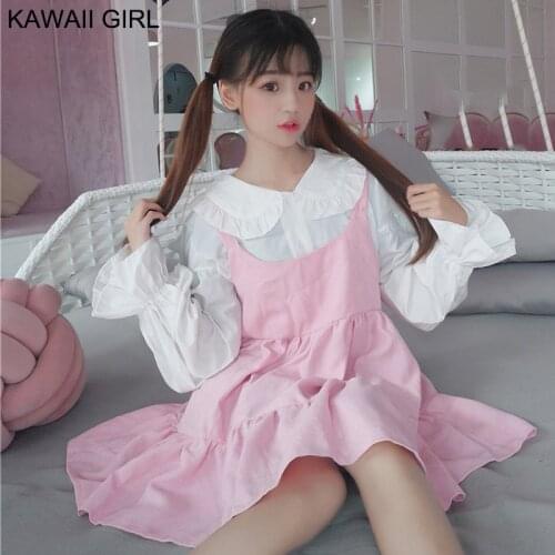 Japanese Style Kawaii Women Set Sweet Cute Girly Pink Doll Collar Vest Dress Lolita 2021 Autumn White Shirt Soft Girl Two-Piece