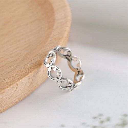 S925 Sterling Silver Punk Hollow Smiley Face Rings for Women Vintage Adjustable Open Ring Hip Hop Jewelry Gift R122702