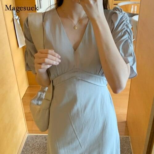 2021 Summer Korean Chic Women Dress Elegant High Waist Folds V-neck Dress for Women Casual Solid Simple Maxi Dress Vestido 14147