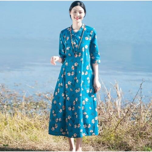 Women Spring Autumn Cotton linen Printed Dress Ladies Vintage print Loose Retro Dresses Female Floral Dress 2020