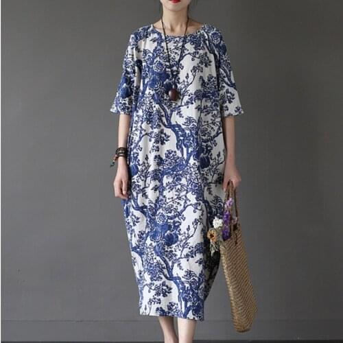 5XL Summer Cotton Linen Vintage Flower Women Dress Fall Robe Half Sleeve O-neck Washed Oversize Loose Ethnic Style Female Dresse