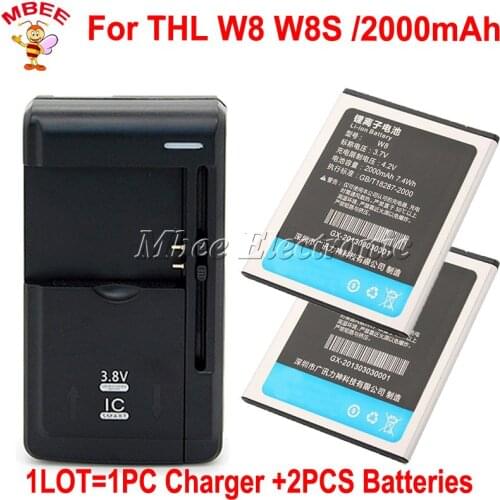1LOT=1PC Dock Charger +2PCS 2000mAh For THL W8 W8S W8+ Battery Batterie Bateria Accumulator AKKU PIL