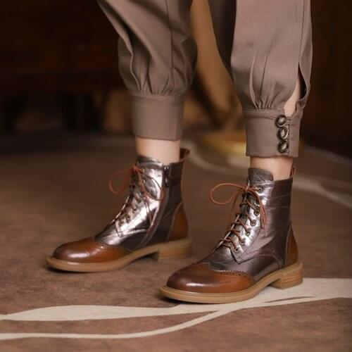 2021 Fashion Women Shoes Fall/Winter Women Boots Genuine Leather Boots Women Round Toe Low Heel Shoes Women Rrtro Brock Boots