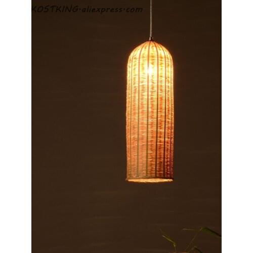 Bamboo Hand-Woven Wicker Rattan Basket Long Lampshade Cylinder Pendant Light Fixture Asian Japanese Lamp Dining Study Tea Room