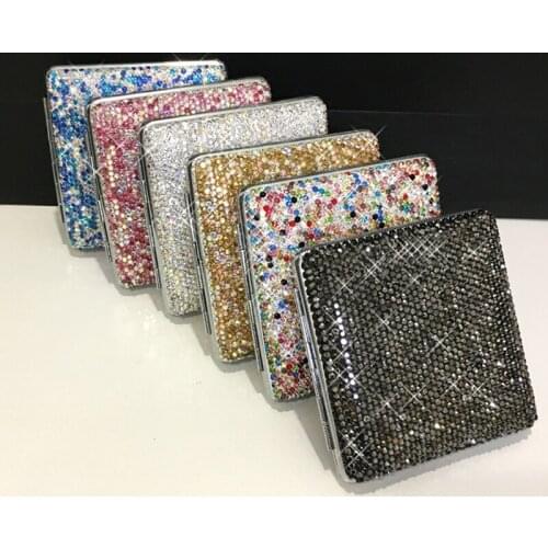 Shiny Portable Women Double Sided Diamond Cigarette Case Bling Crystal Slim Cigarette Box Holder For 20 Pcs Cigarettes Lighters