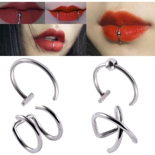 Women lips Rings Surgical Steel Nose Ring Fake Nose Ring Septum Piercing Clip On Mouth Ring Fake Piercing Body Clip Hoop Jewelry