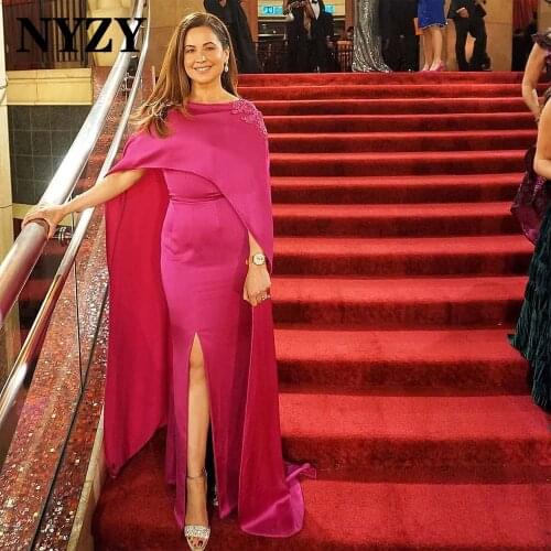 NYZY E345 Elegant Cloak Cape Sleeves Split Skirt Mermaid Evening Dresses 2021 Red Carpet Celebrity Party Dress Evening Gowns