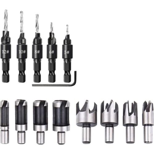 Hot SV-14 Pcs Wood Plug Hole Cutter Chamfered Plug Cutter Drill Bits Five-Slot Countersink Drill 1/4 Inch Hex Spanner Tool Set