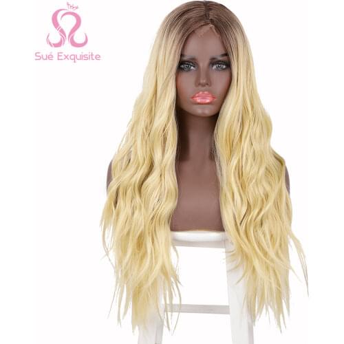 SUe EXQUISITE Synthetic Wigs Long Wavy Wigs Black Ombre Blonde Hair Middle Part for Black Women Heat Resistant Wigs