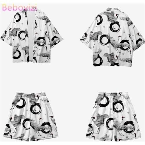 Traditional Chinese Style Crane Print Yukata Harajuku Kimono Shorts Sets Two-piece Suit Japanese Cardigan Women Men Cosplay