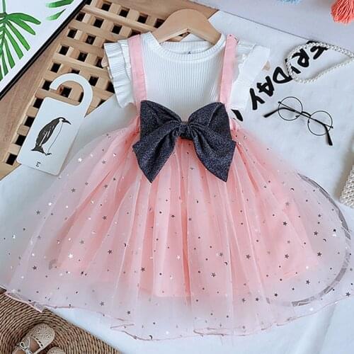 Summer Girls' Clothing Sets Princess Flying Sleeve Top+Mesh Gauze Big Bow Skirt 2PCS Baby Kids Clothes Suit Children Clothing