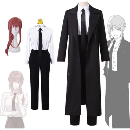 Anime Chainsaw Man Makima Cosplay Costume Black Trench Shirt Tie Pants Makima Wig Long Light Red Braid Men Women Suit Uniform