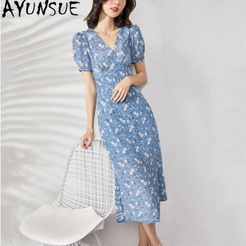 AYUNSUE Summer Dress Woman 100% Silk Dress 2021 Elegant Floral Party Dresses for Women Short Sleeve Korean Fashion Vestidos