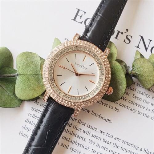 Fashion Diamond Womens Watches Strip Nail Style Stainless Steel Case Leather Strap Quartz Watch Dial Diameter 36mm relogio
