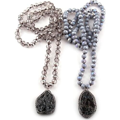 Fashion Bohemian Tribal Jewelry Gray Crystal knotted Halsband 5X8 Glass Crystal Natural Irregular Stone Necklace